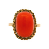 Solid 18kt Yellow Gold and Cabochon 6ct Orange Coral Cocktail Ring Size 9