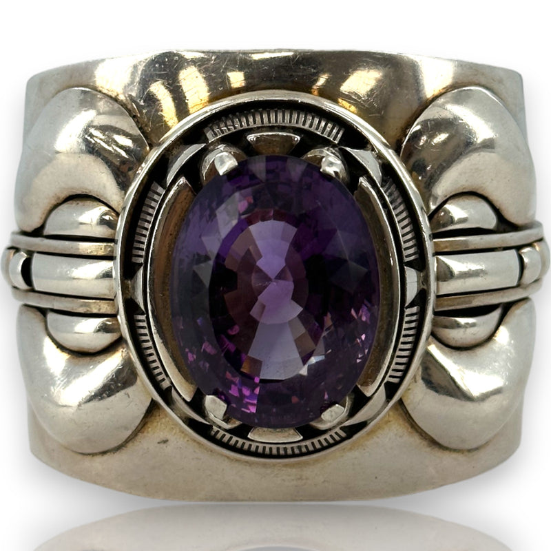 Robert T Kelly Navajo Native American 925 Sterling Silver and 62ct Amethyst Heavy Large Cuff Bracelet