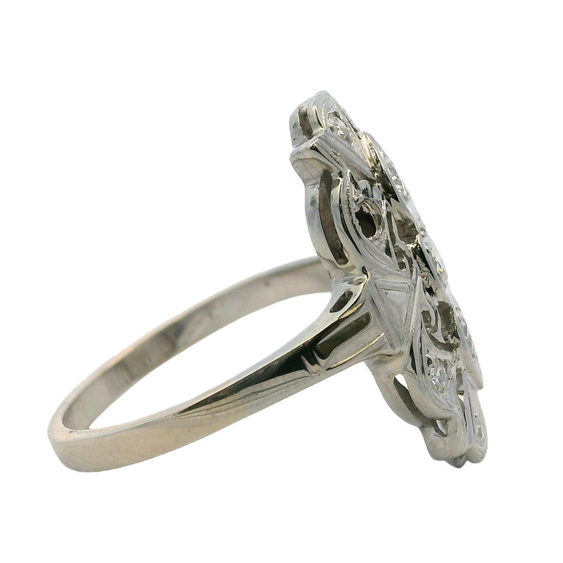 Late 1920s 18kt White Gold and Diamond 19mm Long Milgrain Dinner Ring Size 5