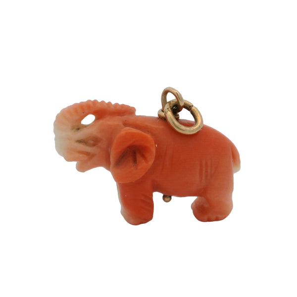 Vintage 14kt Yellow Gold and Pink and White Coral Carved Detailed Elephant Pendant