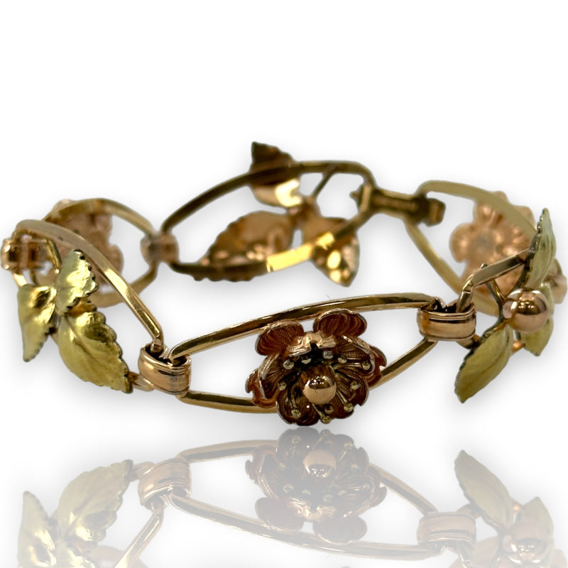 Krementz Vintage 1940s 925 Sterling Silver and Multi-Tone 10k Gold Filled Chrysanthemum Bracelet