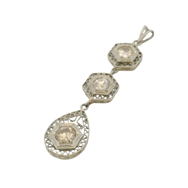 Antique 1910-20s Solid 14kt White Gold Filigree 0.65ctw Old Euro Diamond 3-Tier Drop Deco Pendant