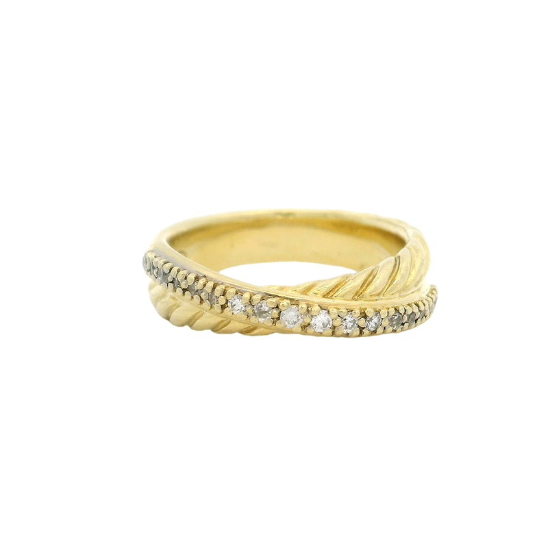 David Yurman Signed Solid Heavy 18kt Yellow Gold 750 Twist Band Crossover Ring with Diamonds Size 6.75