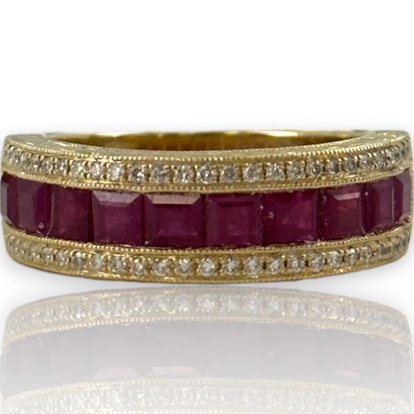 QCD Quality Color Design Solid 14kt Yellow Gold Half Eternity Ruby and Diamond Band Stacking Ring Size 7