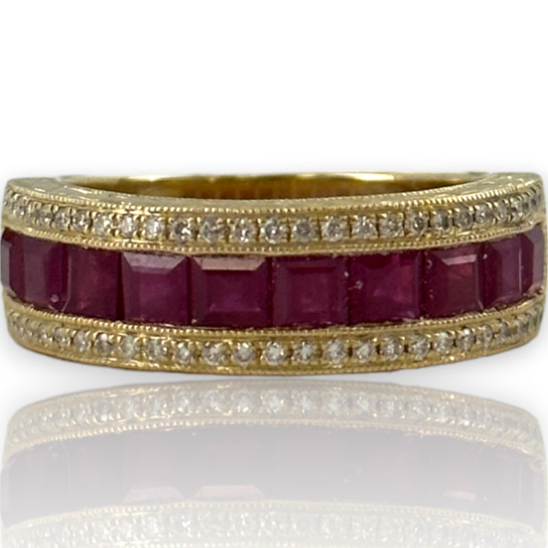 QCD Quality Color Design Solid 14kt Yellow Gold Half Eternity Ruby and Diamond Band Stacking Ring Size 7