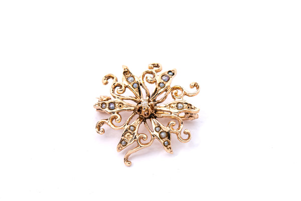 Antique Seed Pearl Scrolling Floral Pierced Lapel Pin 14K 585 Yellow Gold Brooch
