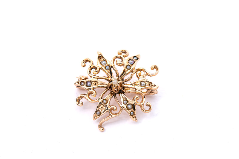 Antique Seed Pearl Scrolling Floral Pierced Lapel Pin 14K 585 Yellow Gold Brooch