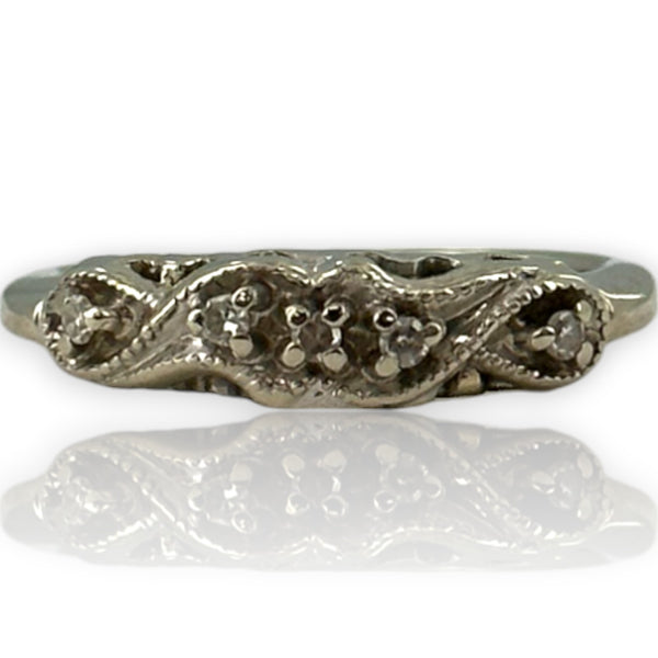 Vintage 1940-50s 14kt White Gold and Diamond Swirl Pattern Milgrain Wedding Band Ring
