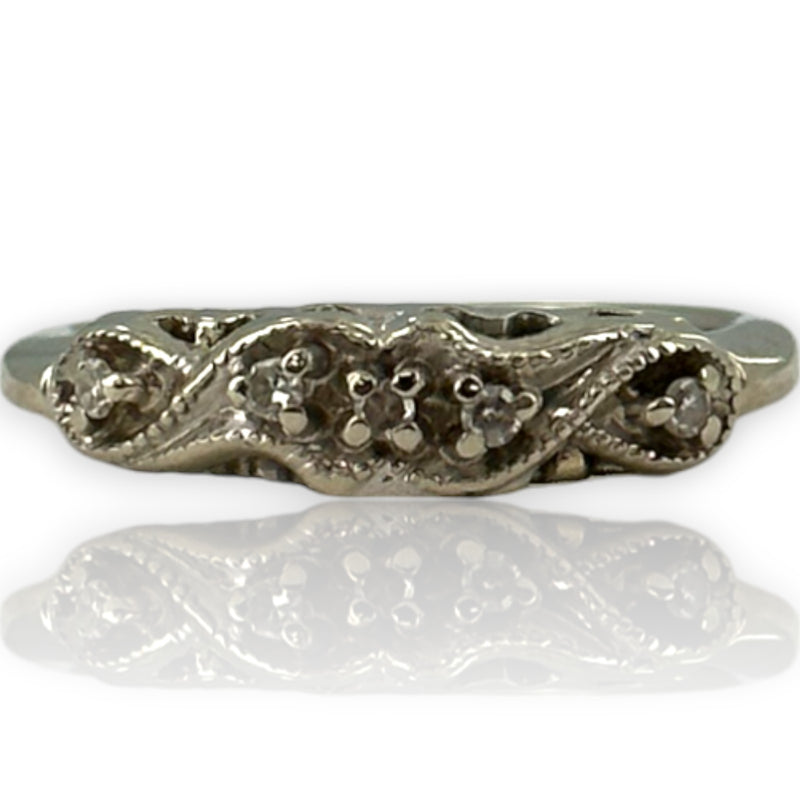 Vintage 1940-50s 14kt White Gold and Diamond Swirl Pattern Milgrain Wedding Band Ring