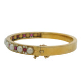 Antique Victorian Solid 18kt Yellow Gold Hinged 6.5" Bangle with Pearls, Rubies, and Diamonds