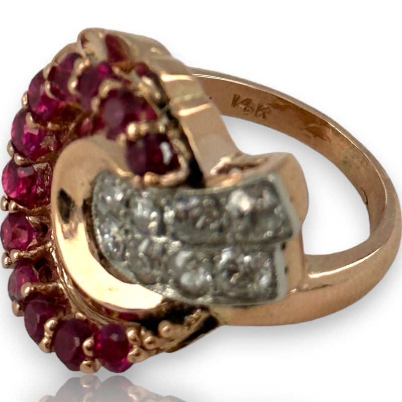 Vintage Retro 1930s-50s Solid 14kt Rose Gold Old European Cut Antique Diamond and Ruby Cocktail Statement Ring Size 4.75 Resizeable