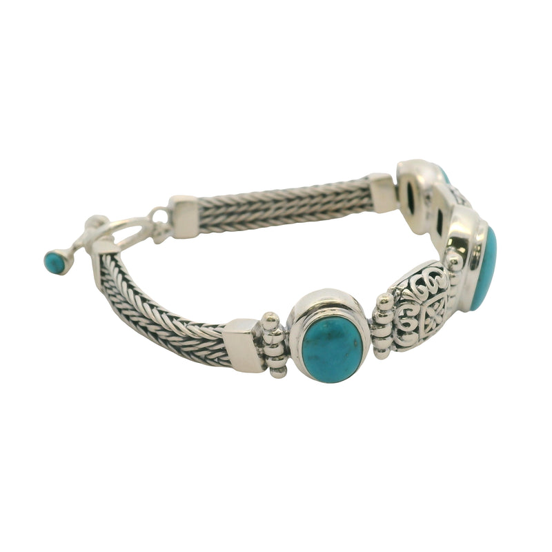 Solid 925 Sterling Silver and Cabochon Blue Turquoise Braided Toggle Bracelet 8"