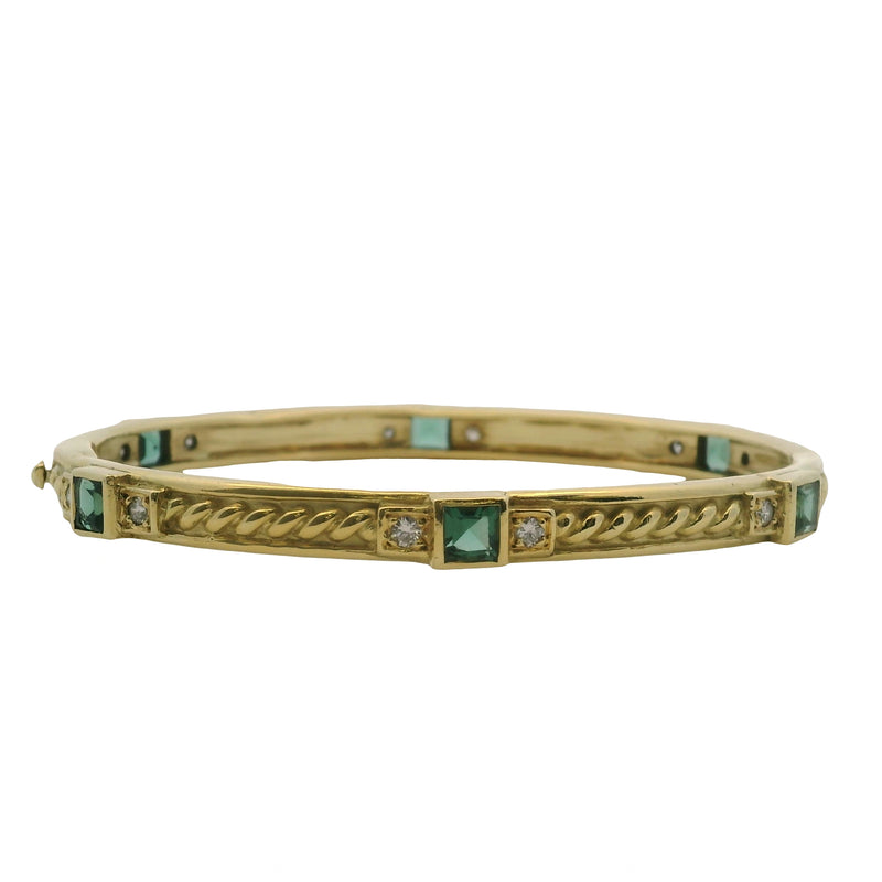 Vintage 1994 Judith Ripka 18kt Yellow Gold Green Tourmaline and Diamond Hinged Bangle 7"
