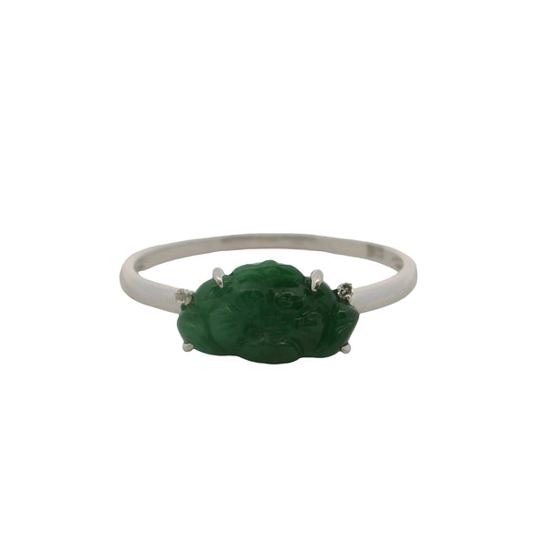 Solid 18kt White Gold and Carved Jade Flower and Diamond Ring Size 7.25