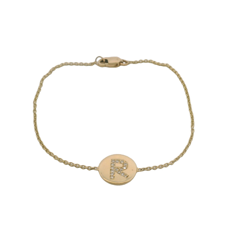 14kt Yellow Gold and Diamond Letter Initial R ID Station 6.25" Bracelet