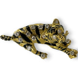 Vintage 1970-80s Solid 18kt Yellow Gold and White Diamond 28.8g Unique Tiger Brooch with Black Enamel Stripes