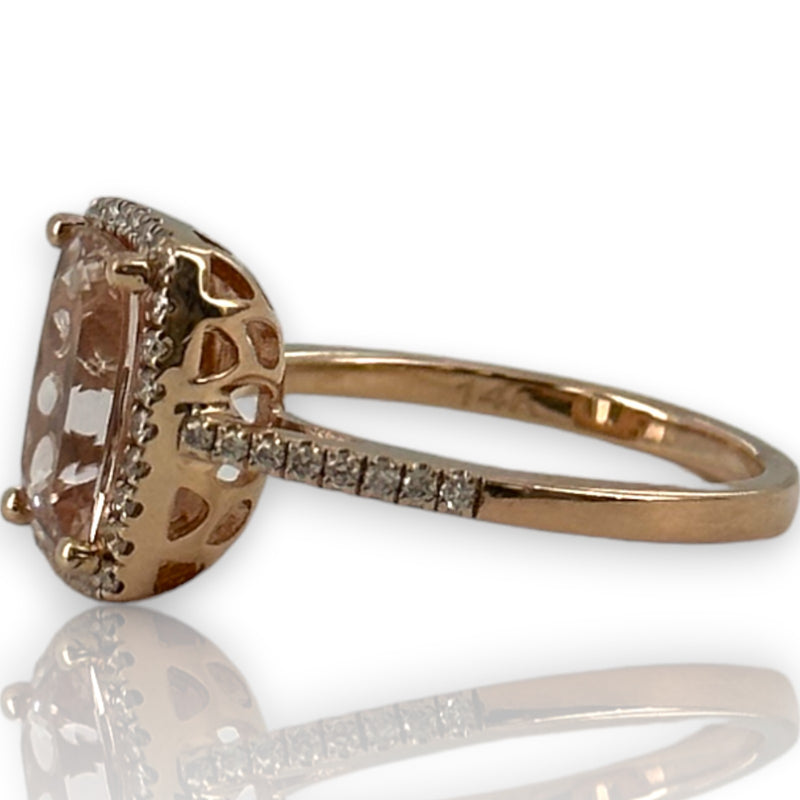 QCD Quality Color Design 14kt Solid Rose Gold Ring with Morganite and Accent Diamond Wedding Engagement Halo Size 7