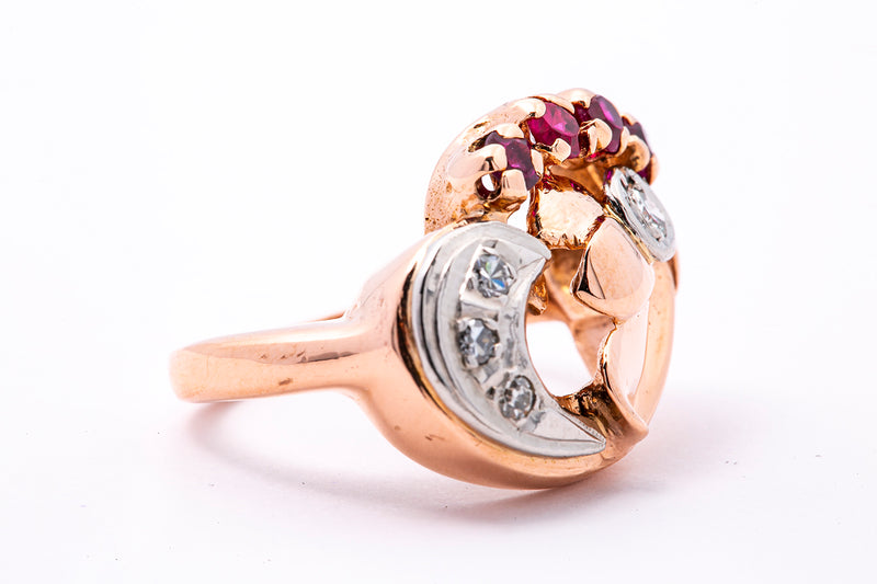 1930-50s Retro Diamond Accent Flower Band 14K 585 Rose & White Gold Ring Sz 4