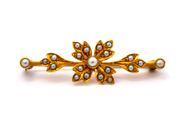Antique Art Nouveau Seed Pearl 14k 585 Yellow Gold Lapel Pin Brooch