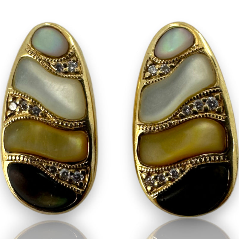 Kabana 14kt Solid Yellow Gold Mother of Pearl, Abalone, and Diamond Earrings