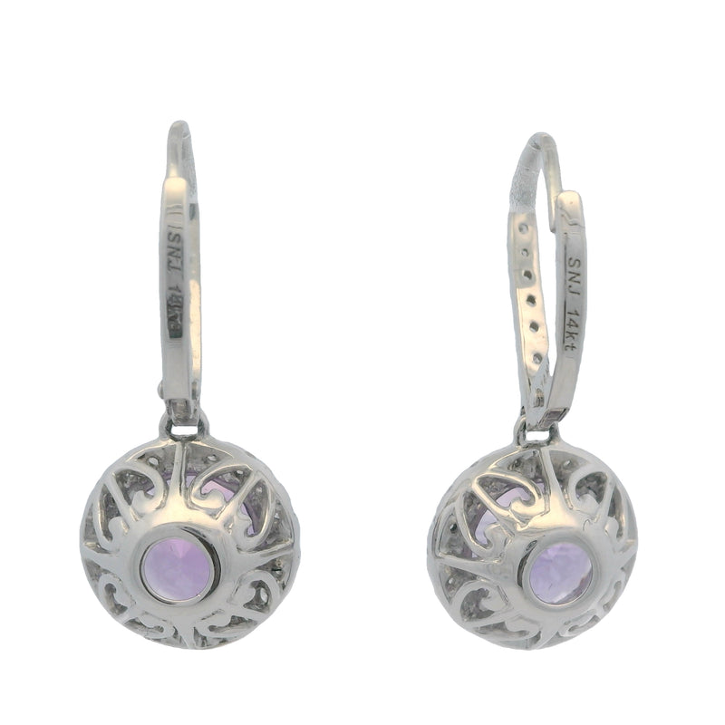 SNJ Jewelry Solid 14kt White Gold and Amethyst Drop Earrings with Diamond Halos and Accents