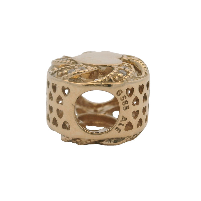 Charm deslizante con espaciador de corazón en forma de cinta de Pandora en oro amarillo sólido de 14 kt y circonitas cúbicas