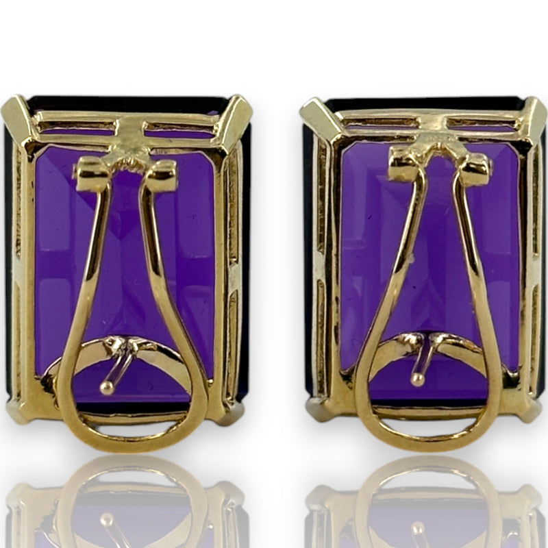Vintage 1960-80s 14kt Yellow Gold Omega-Back Stud Earrings with Emerald-Cut Russian Amethysts