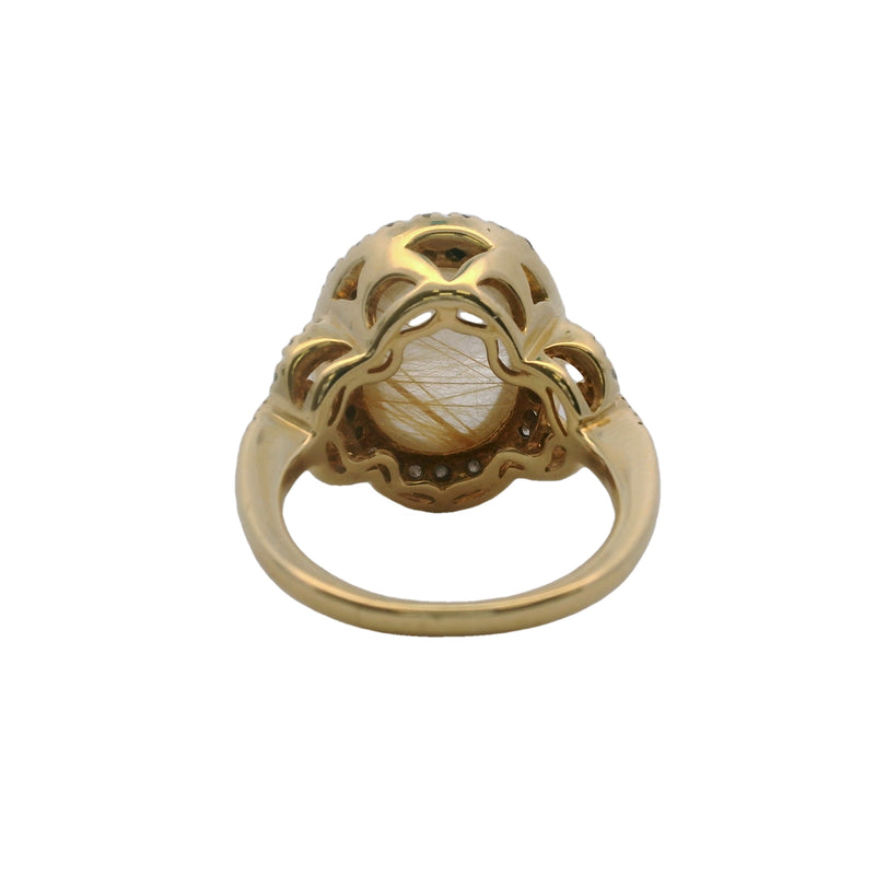 14kt Yellow Gold Cabochon Rutilated Quartz and Diamond Halo Statement Ring Size 7