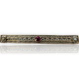 Antique c1900 Lab Created Ruby & Pearl 10k Gold Bar Pin Granbery, J.A. & S.W.