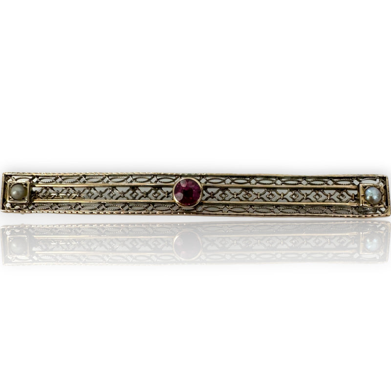 Antique c1900 Lab Created Ruby & Pearl 10k Gold Bar Pin Granbery, J.A. & S.W.