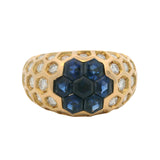 Vintage French Solid 18kt Yellow Gold Sapphire and 1.18ctw Diamond Honeycomb Cocktail Ring Size 6