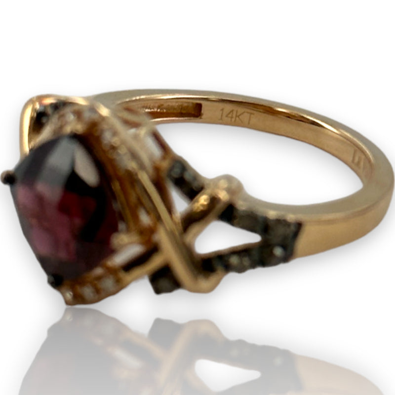 LeVian 14kt Solid Rose Gold Raspberry Rhodolite Garnet Ring with Accent Chocolate Cognac and White Vanilla Diamonds Size 7