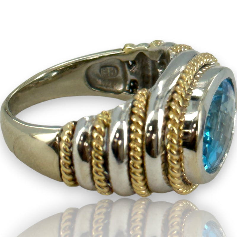 Anillo llamativo firmado por EFFY, oro blanco sólido de 14 kt en dos tonos, oro amarillo y topacio azul intenso con corte de tablero de ajedrez, talla 7,75