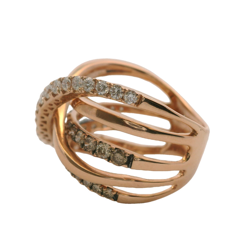 Le Vian 14kt Rose Gold Criss-Cross Overlapping White and Cognac Diamonds Ring
