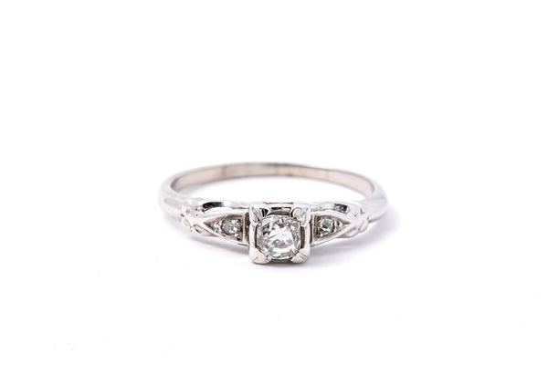 Art Deco Old Mine Diamond Estate Engagement Band 14K 585 White Gold Ring Size 5 1/2