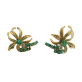 Vintage 1960-80s 18kt Yellow Gold Emerald Diamond Floral Ribbon Pierced Earrings