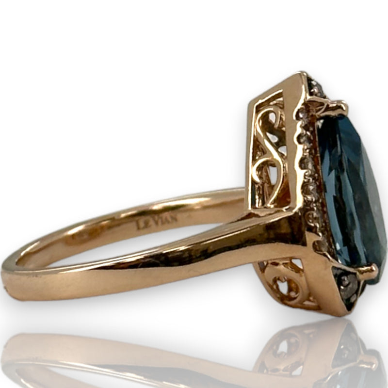 LeVian Signed Solid 14kt Strawberry Rose Gold and Pear Shaped Deep Sea Blue Topaz Ring with Diamond Halo Size 6.75