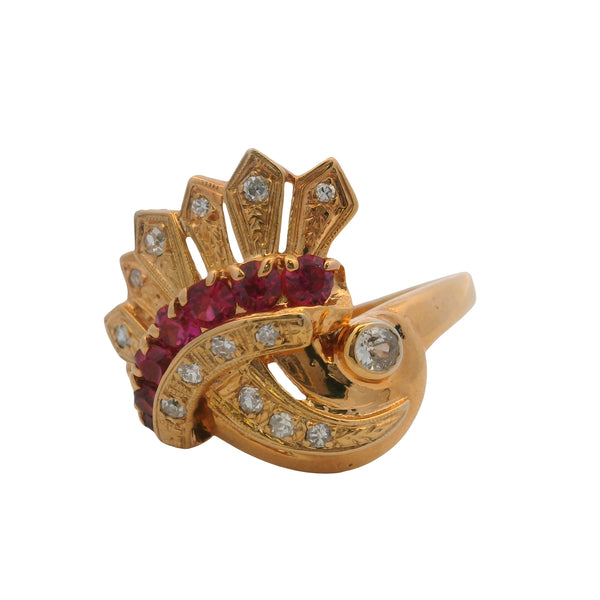 Vintage 1930s Retro 14kt Yellow Gold Diamond and Lab Ruby Cornucopia Cocktail Ring Size 10