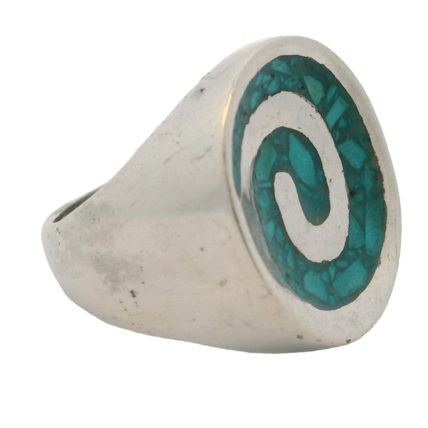 1960-70s Taxco, Mexico 925 Sterling Silver Chipped Turquoise Spiral Ring Size 7.5