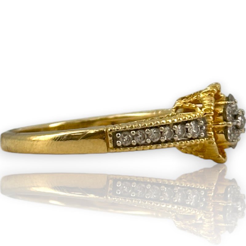 VJS Jewelry Solid 18kt Bright Yellow Gold Filigree Diamond Cluster Flower Ring with Diamond Sides Size 7