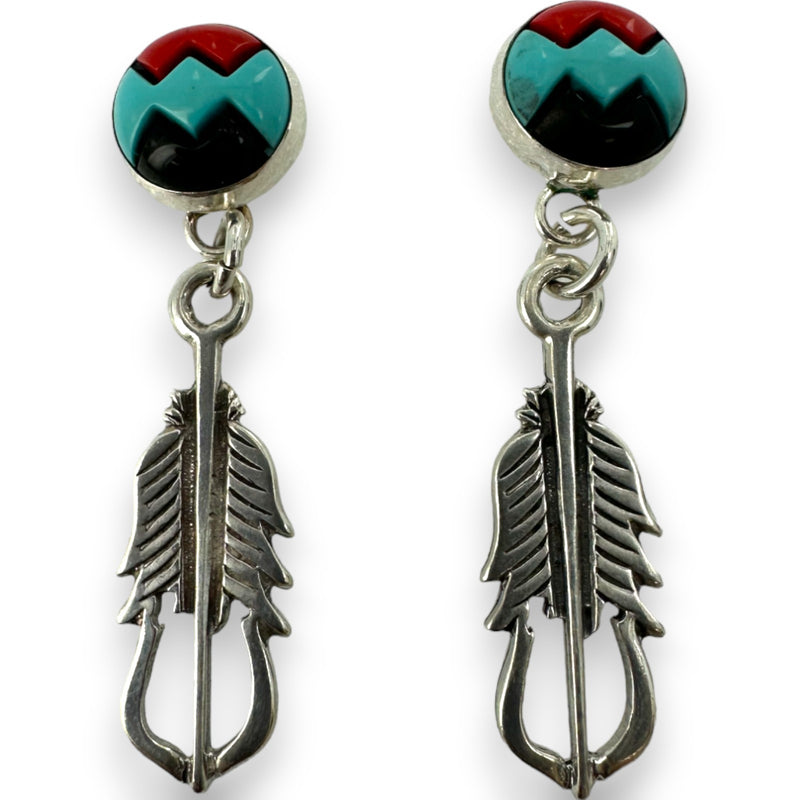 925 Sterling Silver Sunwest Brand Stamped Native American Charm Drop Dangle Earrings With Plastic Stone Accents