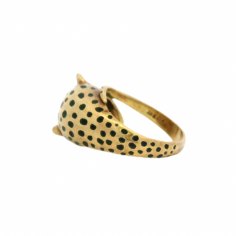 Vintage 1980s EFFY 18kt Solid Yellow Gold and Black Enamel Cheetah Ring with Ruby Eyes Size 7.25