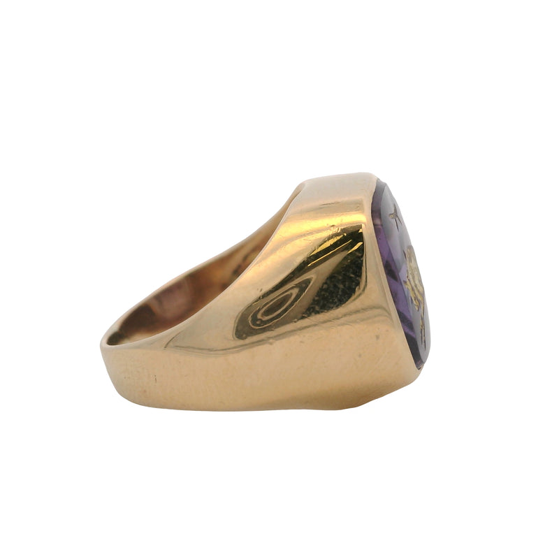 Vintage 1970-80s 14kt Yellow Gold Amethyst and Gold Enamel Bull Taurus Signet Ring Size 3.5