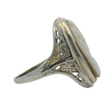 Antique 1920-30s Solid 18kt White Gold Filigree Shell Cameo Oval 22mm Dinner Ring Size 6