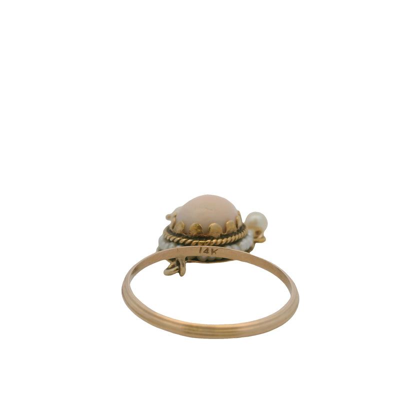 Vintage Mid Century 14kt Yellow Gold Coral and Seed Pearl Charm Ring Pendant