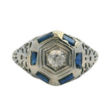 Antique Early 1920s Solid 14kt White Gold Old Euro Diamond and Sapphire Filigree Deco Ring Size 6