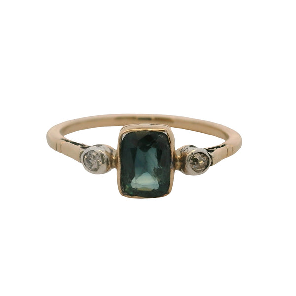 Vintage Handmade 14kt Yellow Gold Sapphire Solitaire Ring With 2 Side Diamonds Size 7.75