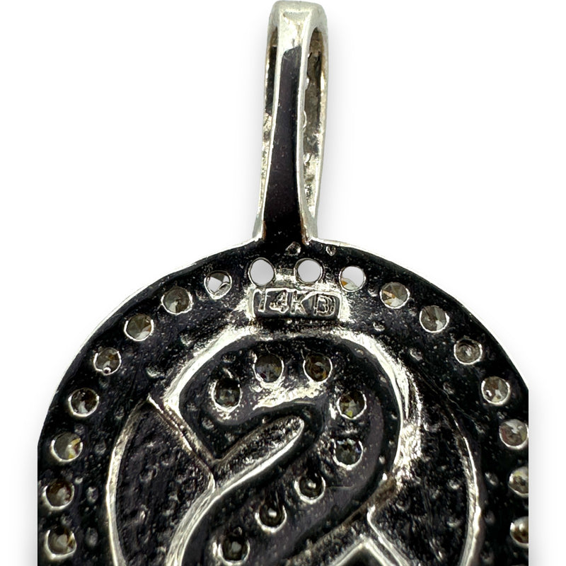 Letter "S" Cubic Zirconia Alphabet Disk Pendant Charm 14kt White Gold Rhodium Plated
