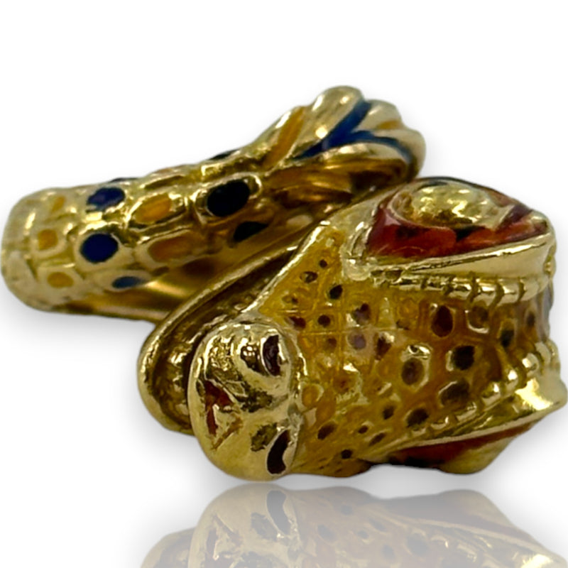 Vintage 1970s-80s 18kt Yellow Gold and Painted Enamel Lizard/Snake/Dragon Wrap Statement Ring Size 4 Made in Italy