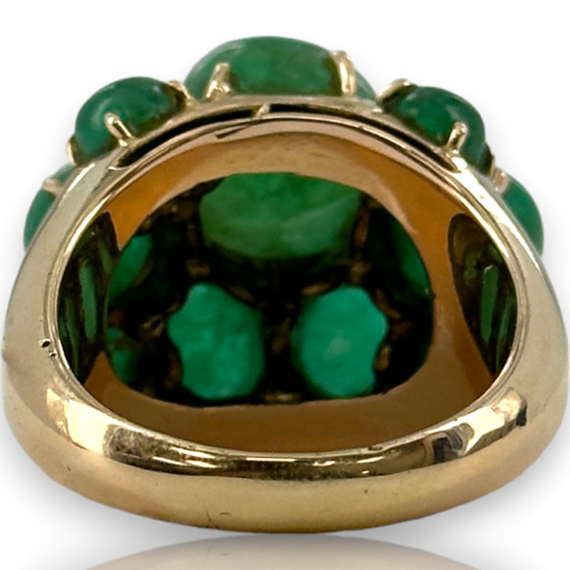 Vintage 1950-70s Large Cabochon Vivid Green Emerald Cluster Cocktail Ring Solid 13k Yellow Gold with Diamond Accents Size 8